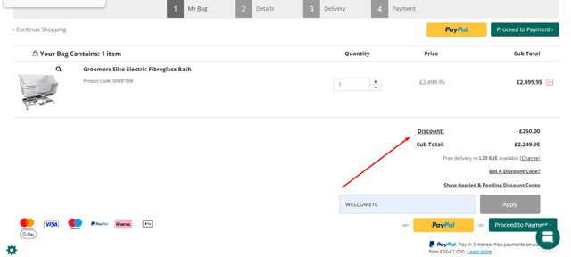 Groomers Online checkout page showing Groomers Online discount code box | Screenshot taken by SimplyCodes community member on Nov 20, 2024