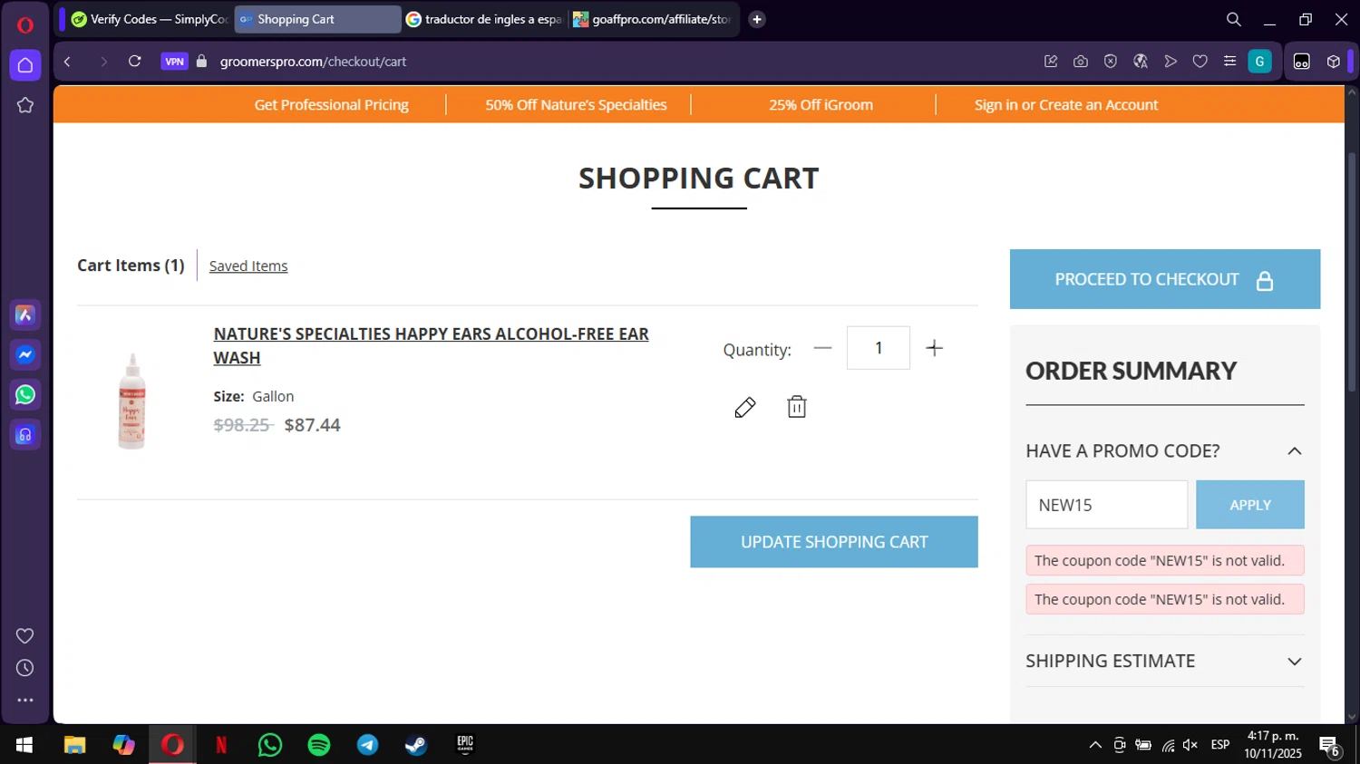 Groomers Pro promo code screenshot showing code NEW15 applied at Groomers Pro checkout page. Uploaded by SimplyCodes community member ValiantWarden3907 on Nov 10, 2025