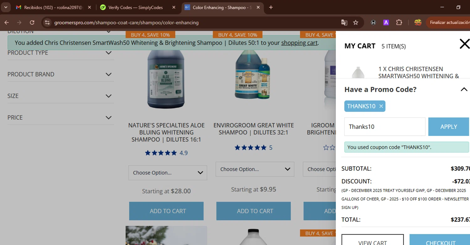 Groomers Pro promo code screenshot showing code Thanks10 applied at Groomers Pro checkout page. Uploaded by SimplyCodes community member WonderWarden594 on Dec 23, 2025