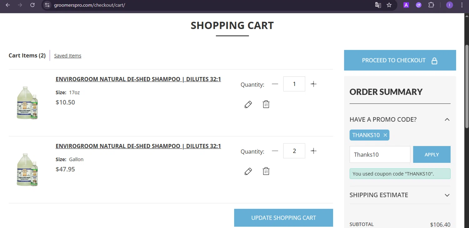 Groomers Pro promo code screenshot showing code Thanks10 applied at Groomers Pro checkout page. Uploaded by SimplyCodes community member joineds on Nov 24, 2025