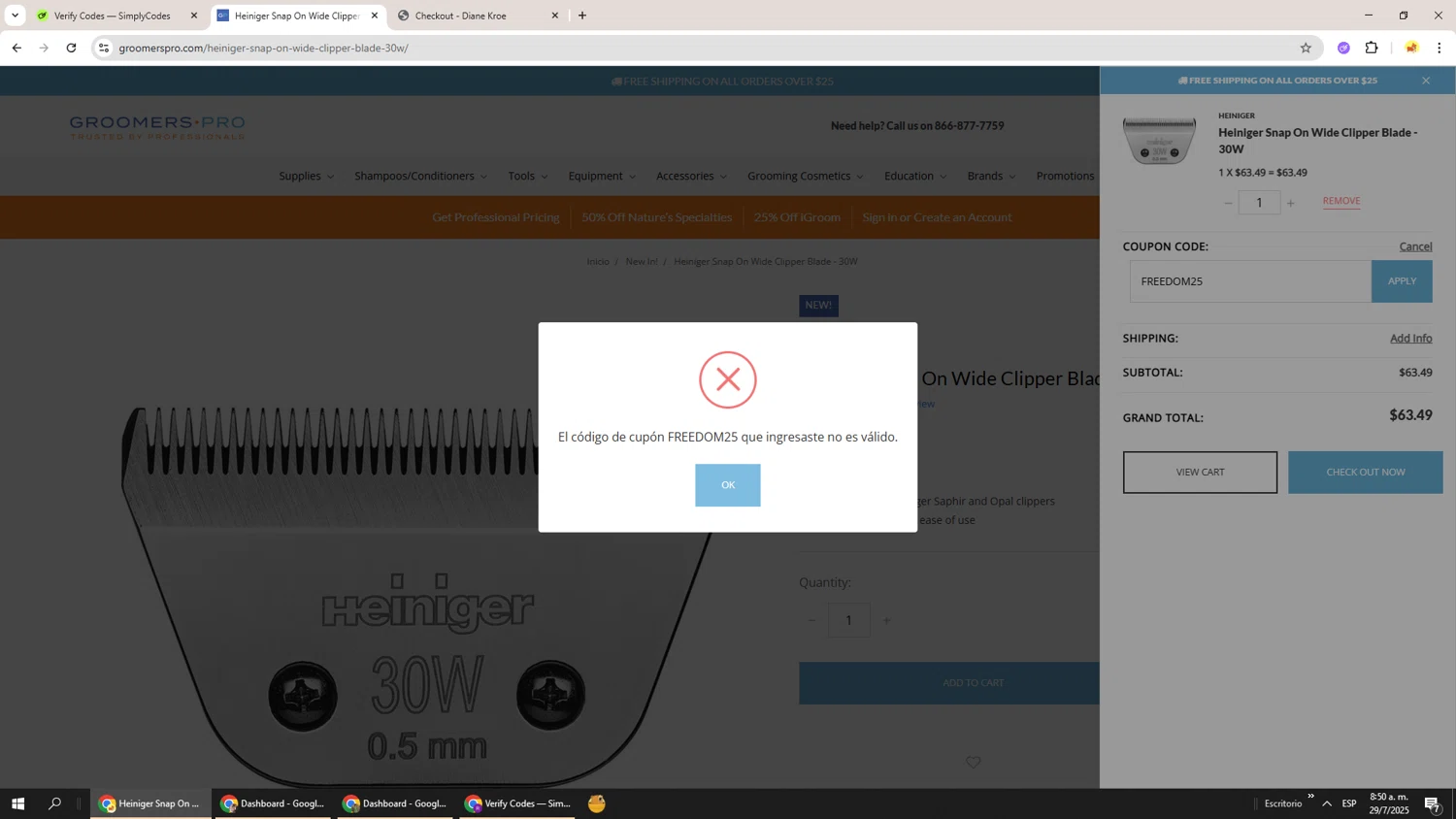 Groomers Pro promo code screenshot showing code FREEDOM25 applied at Groomers Pro checkout page. Uploaded by SimplyCodes community member Richard251 on Jul 29, 2025
