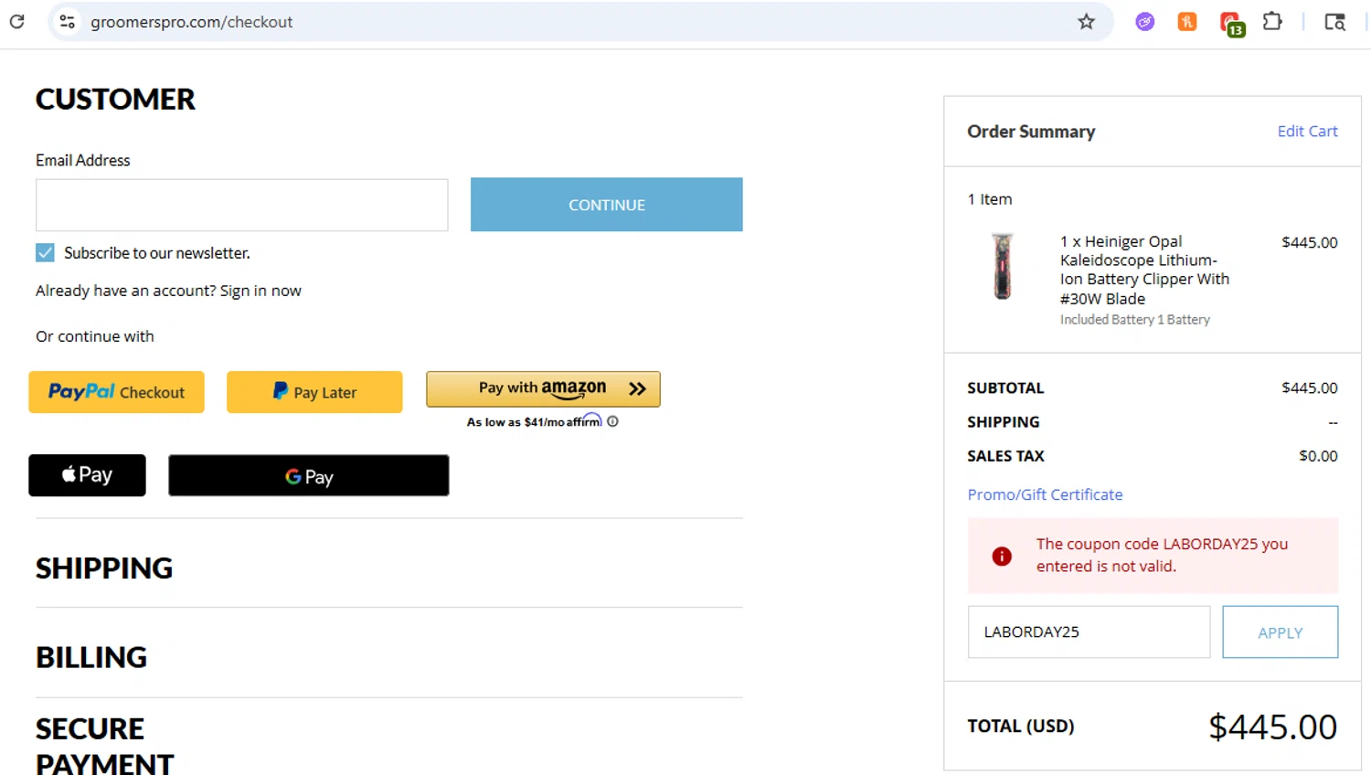 Groomers Pro promo code screenshot showing code LABORDAY25 applied at Groomers Pro checkout page. Uploaded by SimplyCodes community member GloriousCollector9521 on Sep 22, 2025