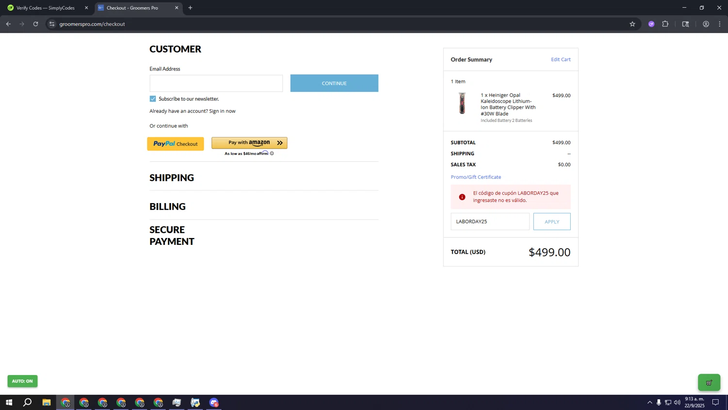 Groomers Pro promo code screenshot showing code LABORDAY25 applied at Groomers Pro checkout page. Uploaded by SimplyCodes community member kkkkkkkkkkkkkkkkkkkk on Sep 22, 2025
