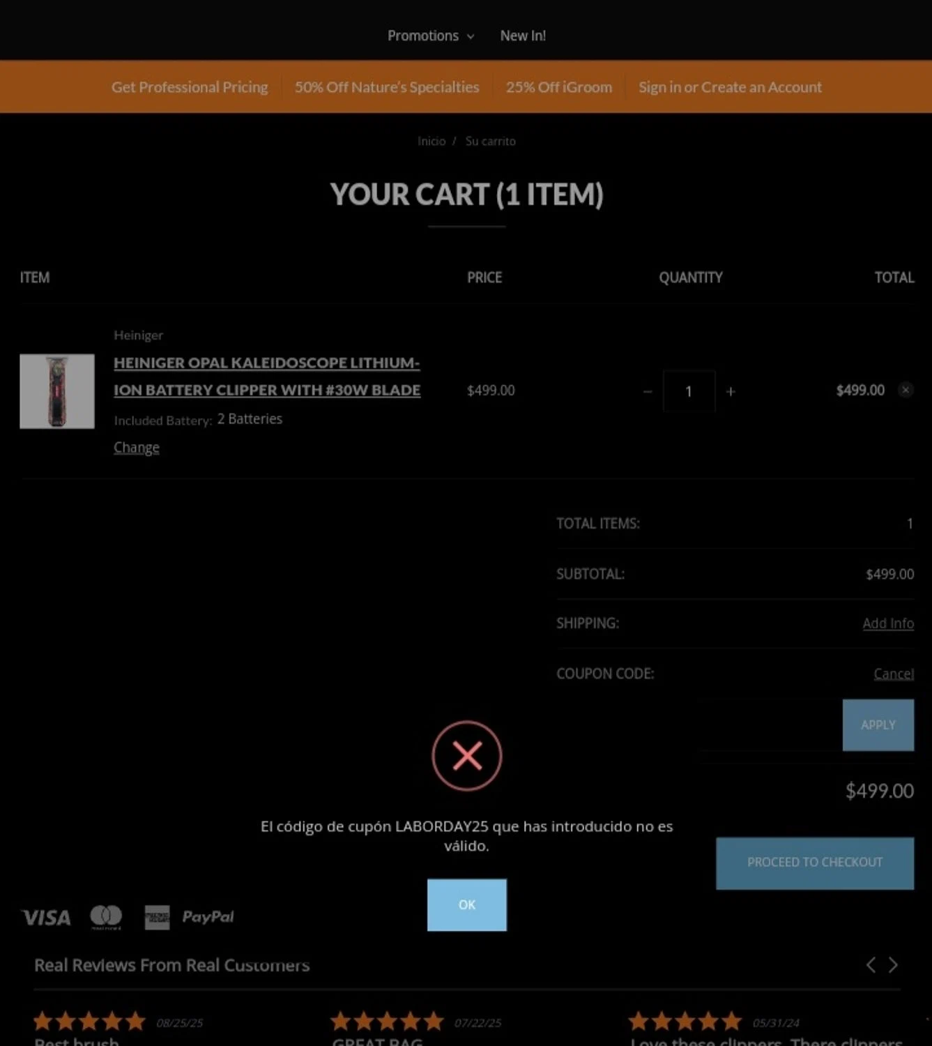 Groomers Pro promo code screenshot showing code LABORDAY25 applied at Groomers Pro checkout page. Uploaded by SimplyCodes community member kaneky on Sep 22, 2025