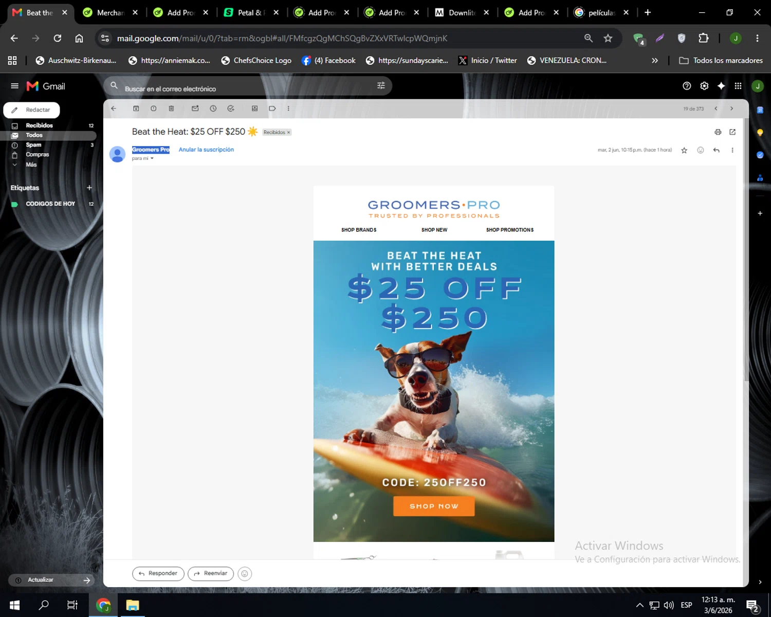 Groomers Pro promo code screenshot showing code 25OFF250 applied at Groomers Pro checkout page. Uploaded by SimplyCodes community member Codehunter on Jun 3, 2026