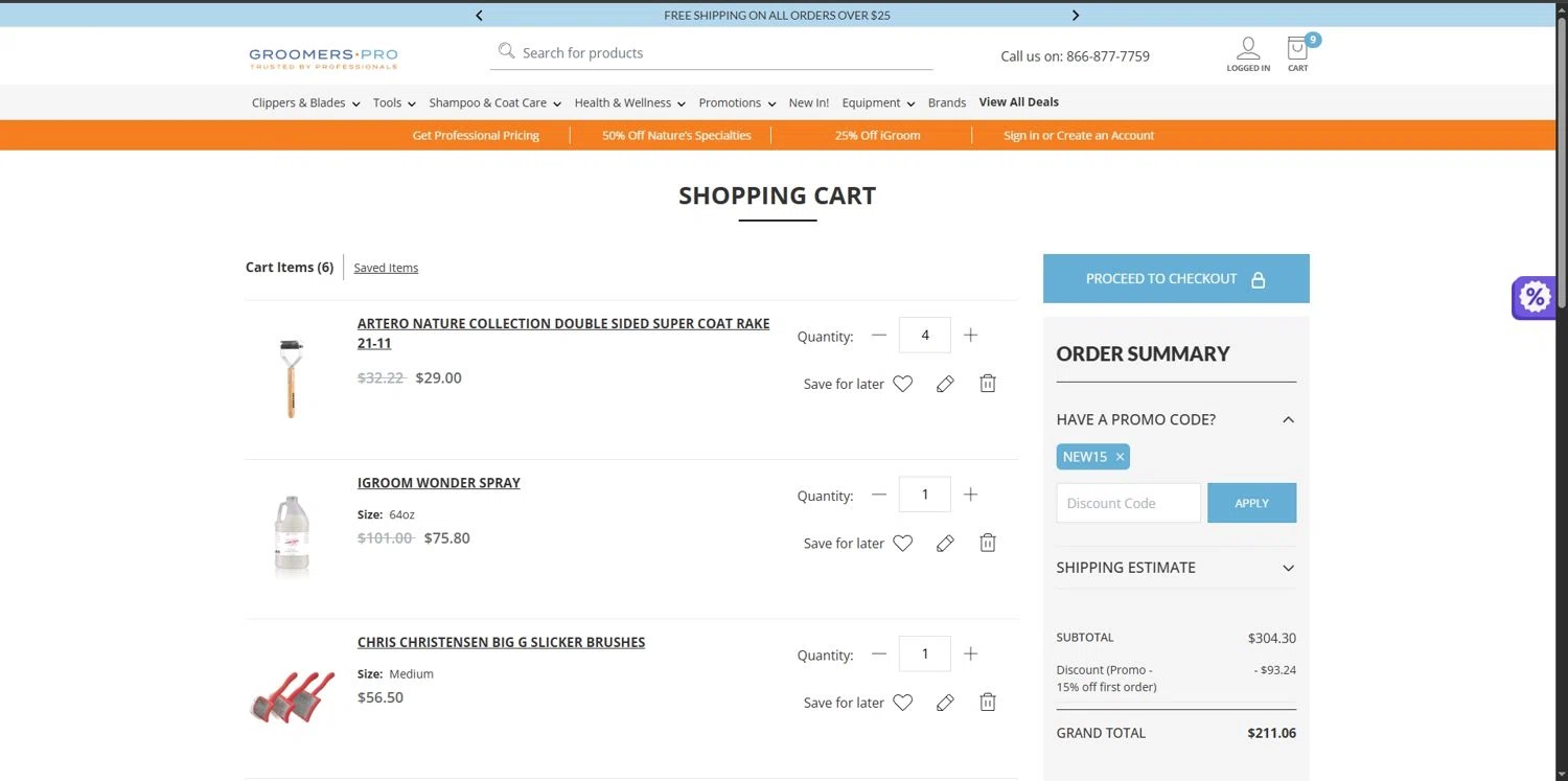 Groomers Pro promo code screenshot showing code NEW15 applied at Groomers Pro checkout page. Uploaded by SimplyCodes community member Depressive on Nov 23, 2025