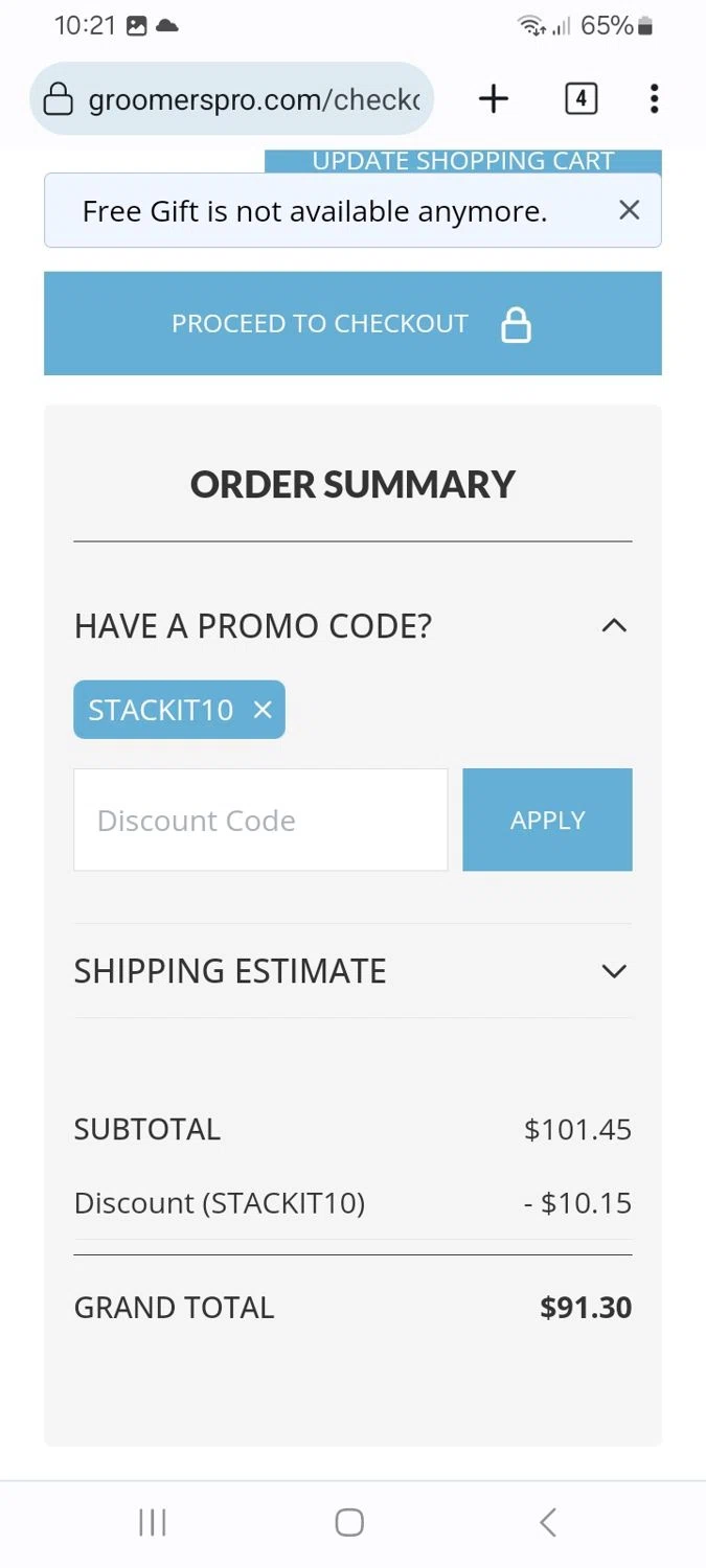Groomers Pro promo code screenshot showing code STACKIT10 applied at Groomers Pro checkout page. Uploaded by SimplyCodes community member ScanMaverick9378 on Nov 26, 2025