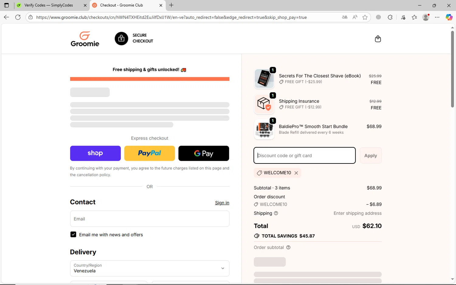 Groomie Club promo code screenshot showing code WELCOME10 applied at Groomie Club checkout page. Uploaded by SimplyCodes community member jechtff10 on Oct 24, 2025