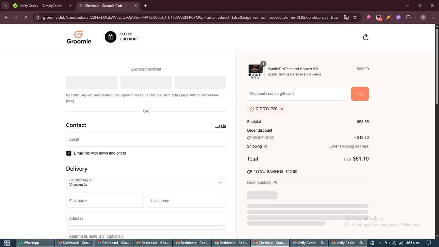 Groomie Club promo code screenshot showing code Giddyup20 applied at Groomie Club checkout page. Uploaded by SimplyCodes community member ShrewdAdmiral5920 on May 29, 2025