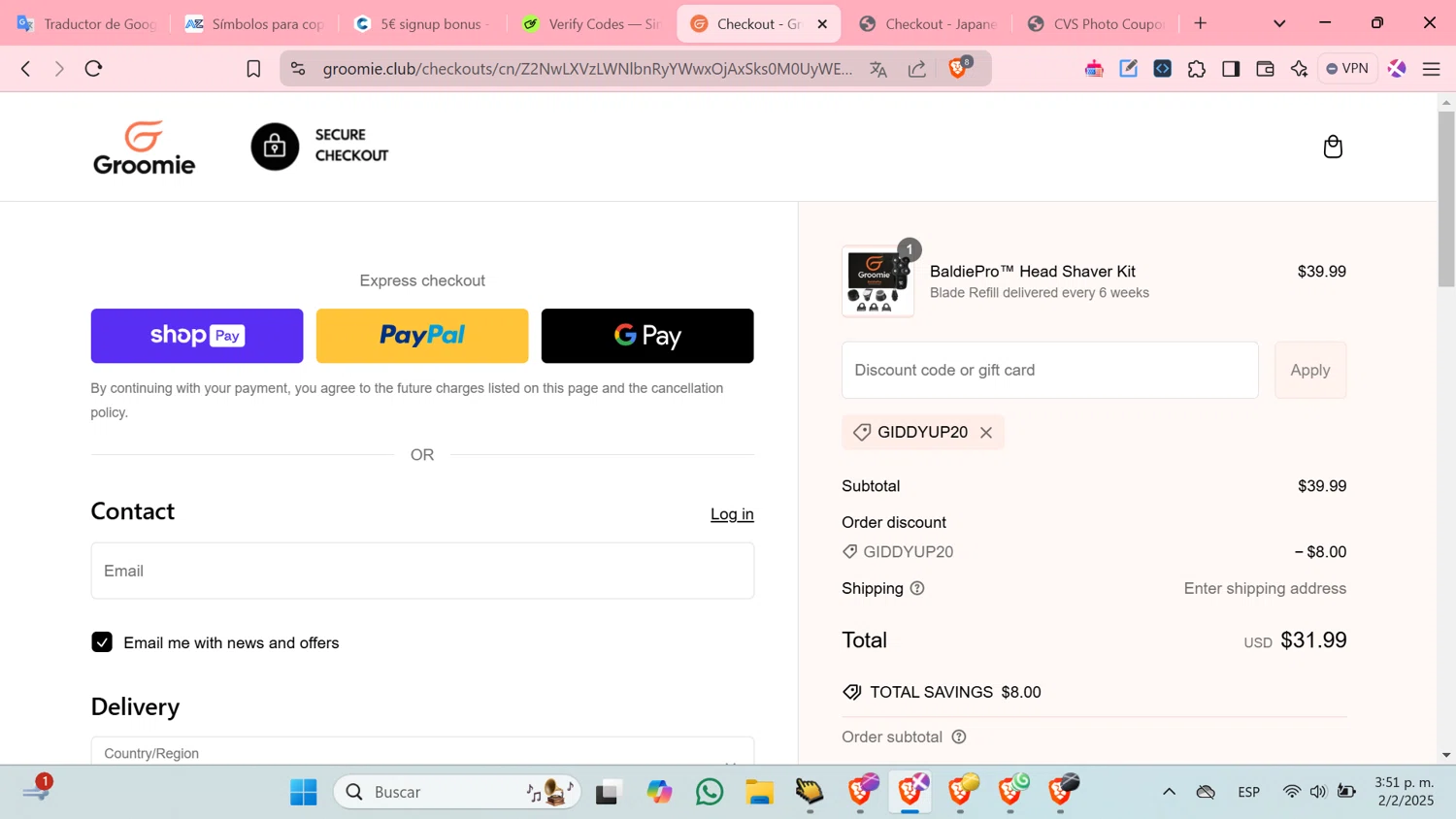 Groomie Club promo code screenshot showing code Giddyup20 applied at Groomie Club checkout page. Uploaded by SimplyCodes community member cosita on Feb 2, 2025