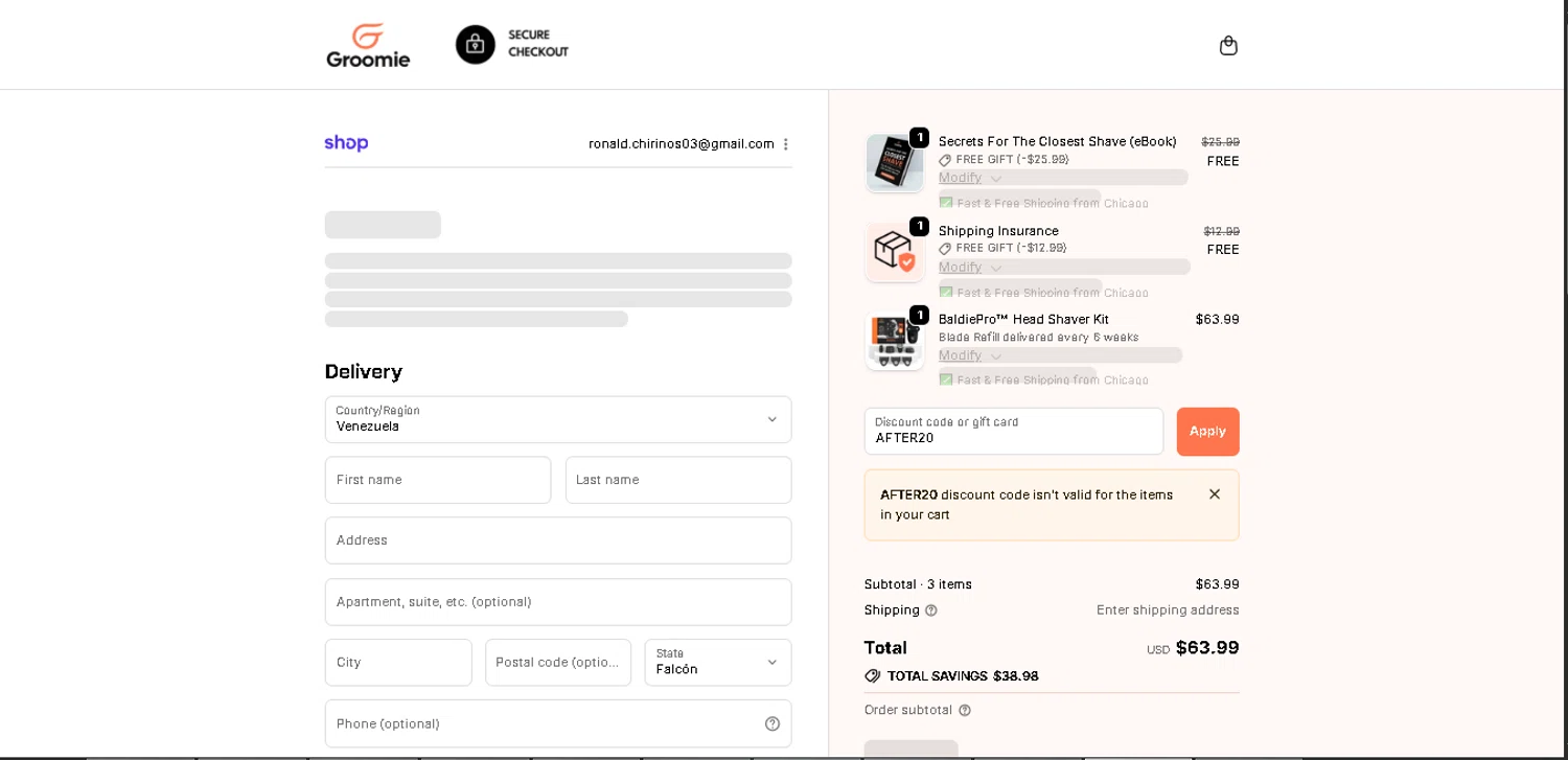 Groomie Club promo code screenshot showing code AFTER20 applied at Groomie Club checkout page. Uploaded by SimplyCodes community member PennySage5996 on Nov 26, 2025