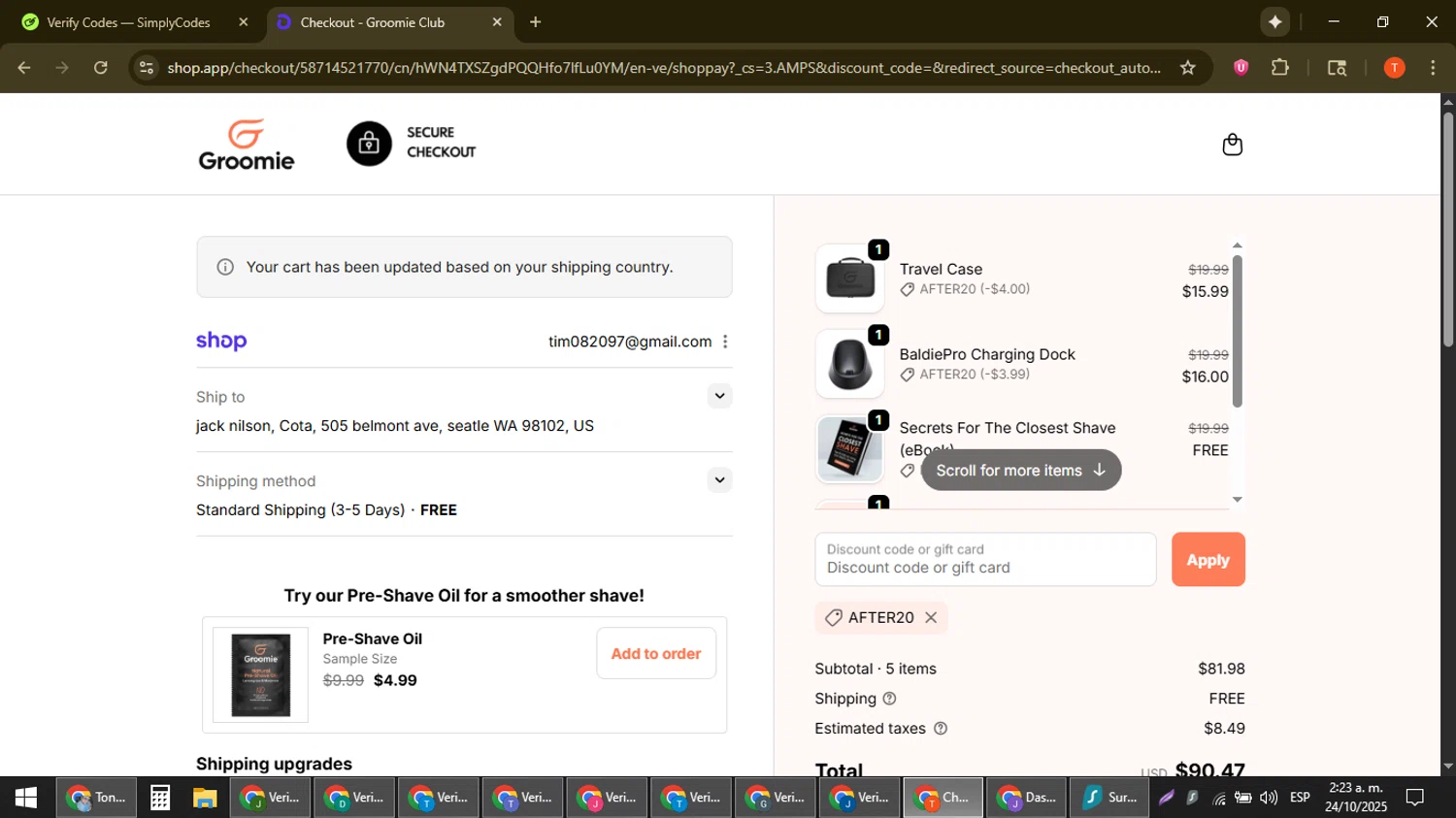 Groomie Club promo code screenshot showing code AFTER20 applied at Groomie Club checkout page. Uploaded by SimplyCodes community member ShrewdAce8338 on Oct 24, 2025