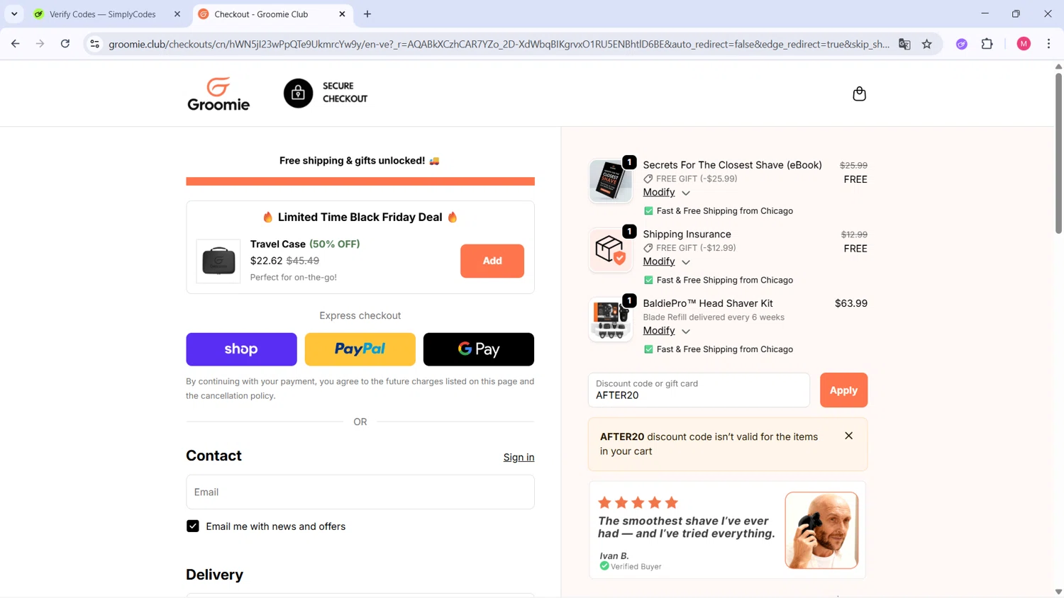 Groomie Club promo code screenshot showing code AFTER20 applied at Groomie Club checkout page. Uploaded by SimplyCodes community member ValueCollector4159 on Nov 26, 2025