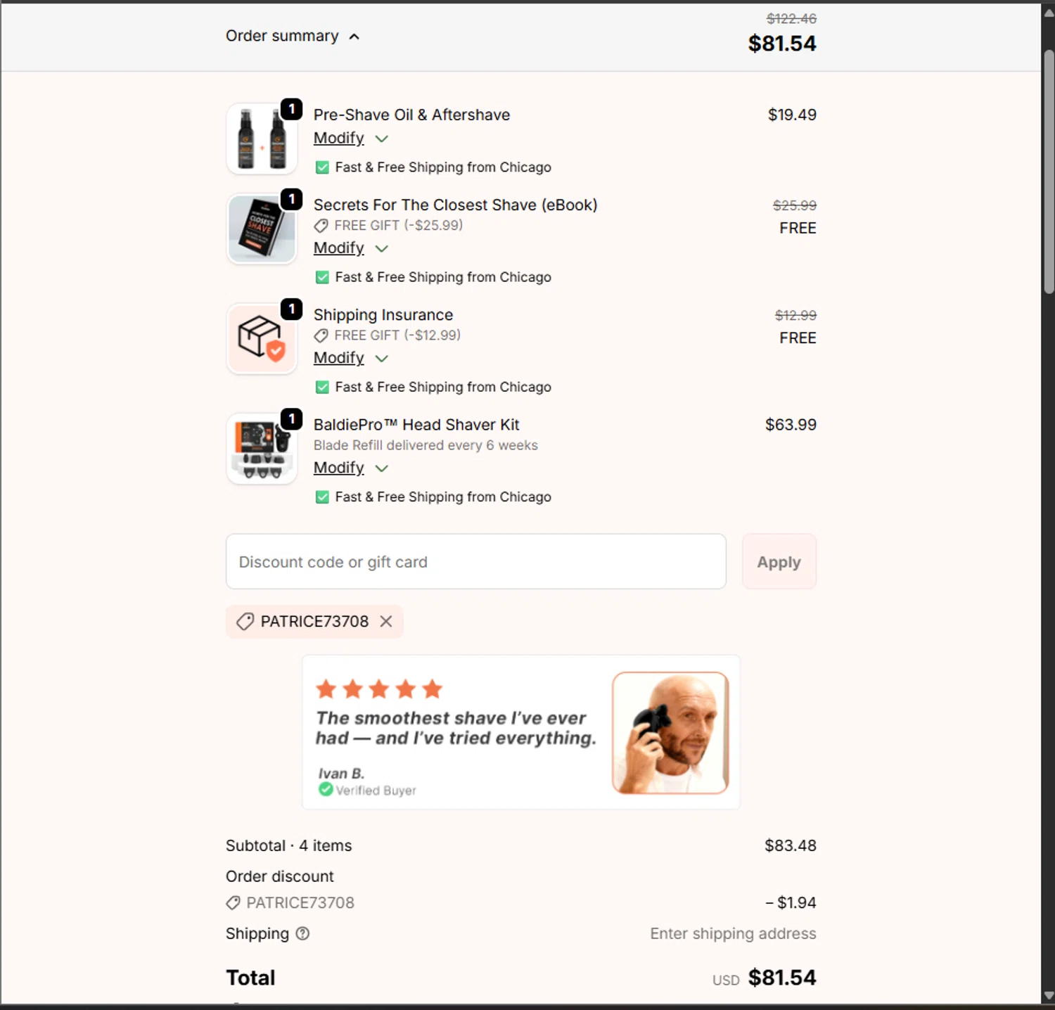 Groomie Club promo code screenshot showing code PATRICE73708 applied at Groomie Club checkout page. Uploaded by SimplyCodes community member PillarsofCreation on Dec 23, 2025
