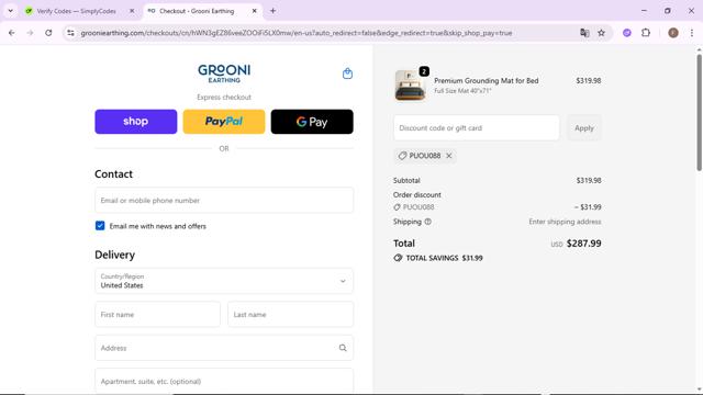 Grooni Earthing checkout page showing Grooni Earthing discount code box | Screenshot taken by SimplyCodes community member on Oct 3, 2025