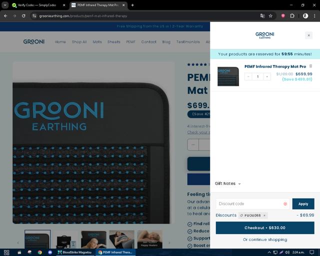 Grooni Earthing checkout page showing Grooni Earthing discount code box | Screenshot taken by SimplyCodes community member on Oct 3, 2025