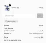 WELCOME20 coupon verification screenshot