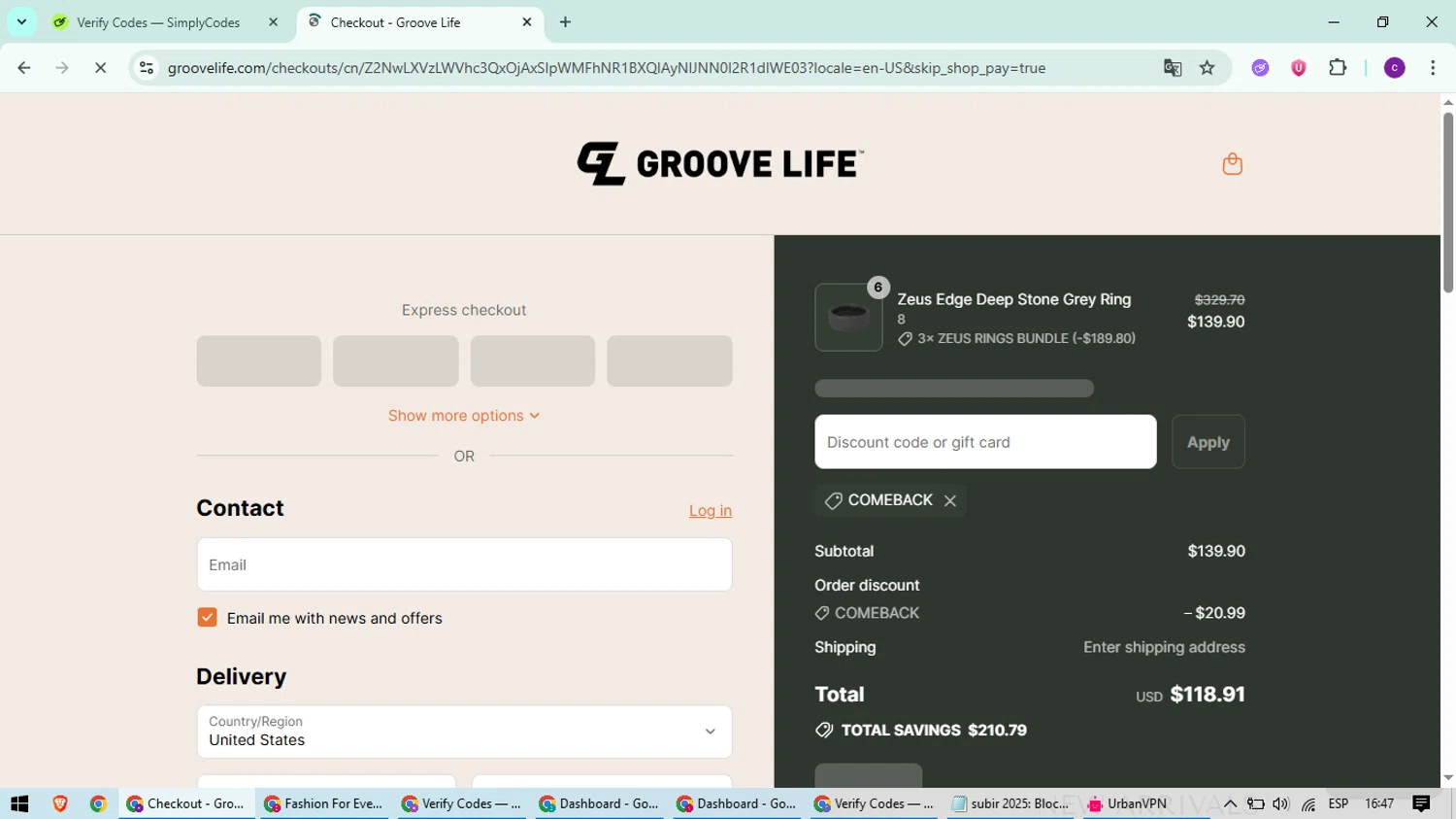 Groove Life discount code screenshot showing code COMEBACK applied at Groove Life checkout page. Uploaded by SimplyCodes community member suieeloves on Jul 10, 2025