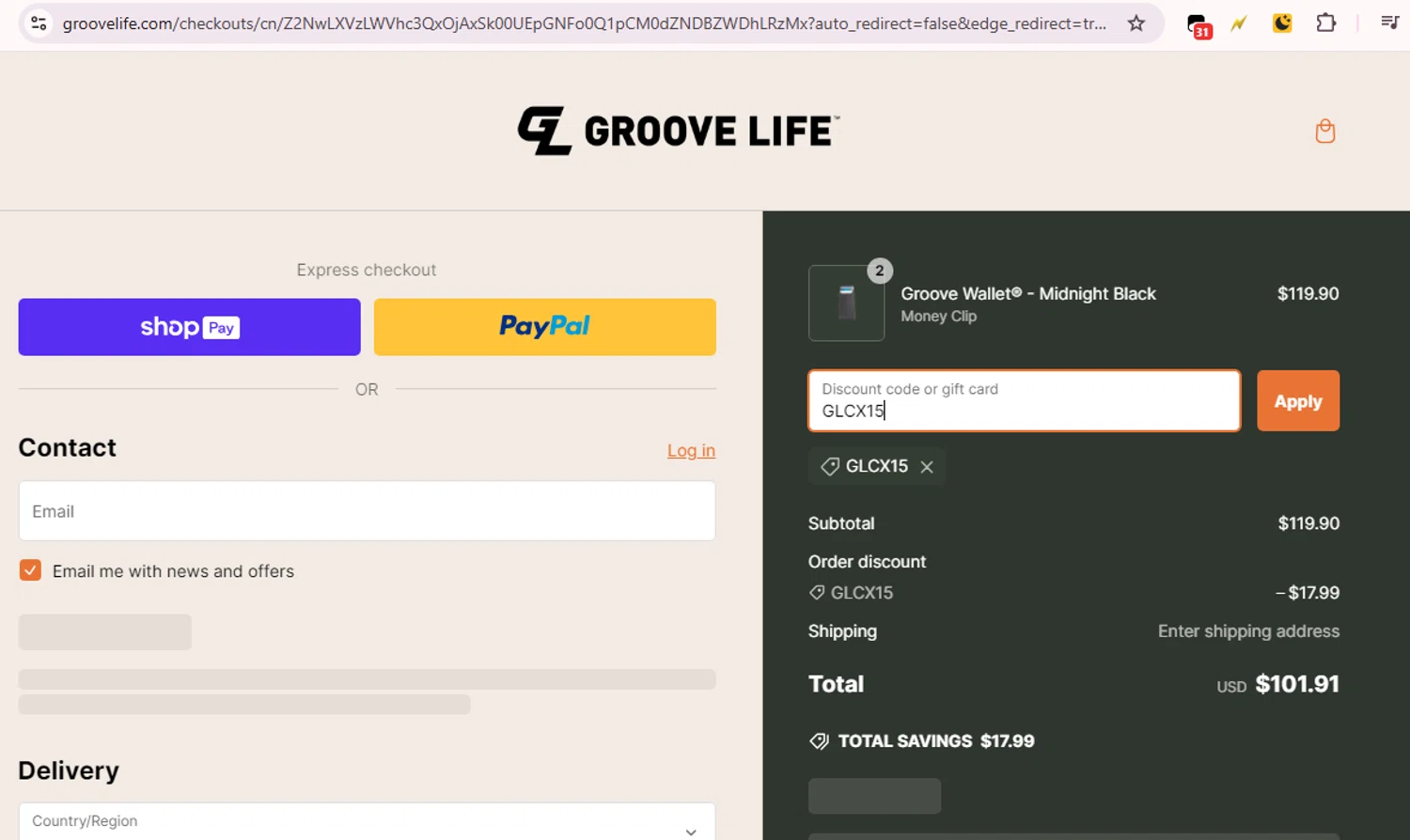 Groove Life discount code screenshot showing code GLCX15 applied at Groove Life checkout page. Uploaded by SimplyCodes community member six_eyes on Feb 15, 2025