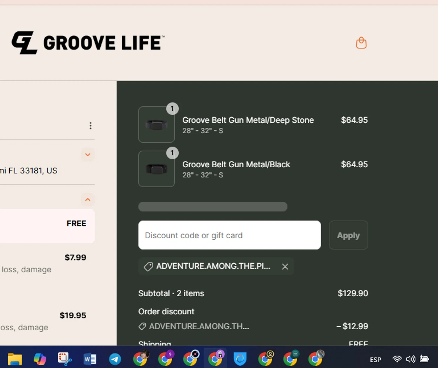 Groove Life discount code screenshot showing code Adventure.among.the.pines applied at Groove Life checkout page. Uploaded by SimplyCodes community member GoldLynx7797 on Jul 10, 2025
