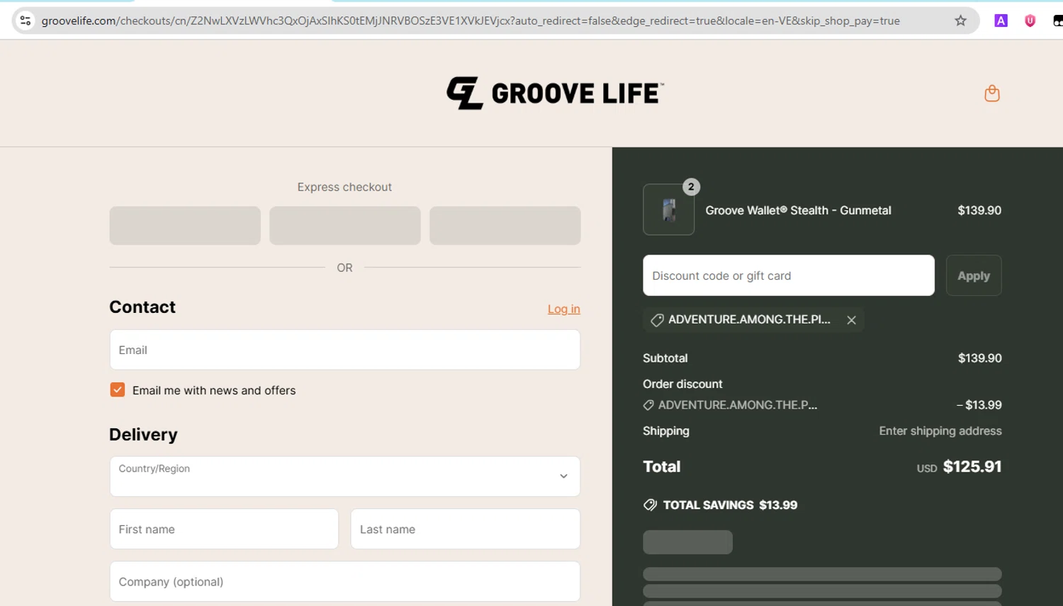 Groove Life discount code screenshot showing code Adventure.among.the.pines applied at Groove Life checkout page. Uploaded by SimplyCodes community member YHLQMDLGN on Jun 12, 2025