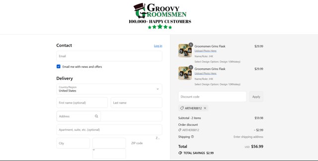 Groovy Groomsmen Gifts checkout page showing Groovy Groomsmen Gifts discount code box | Screenshot taken by SimplyCodes community member on Sep 8, 2025