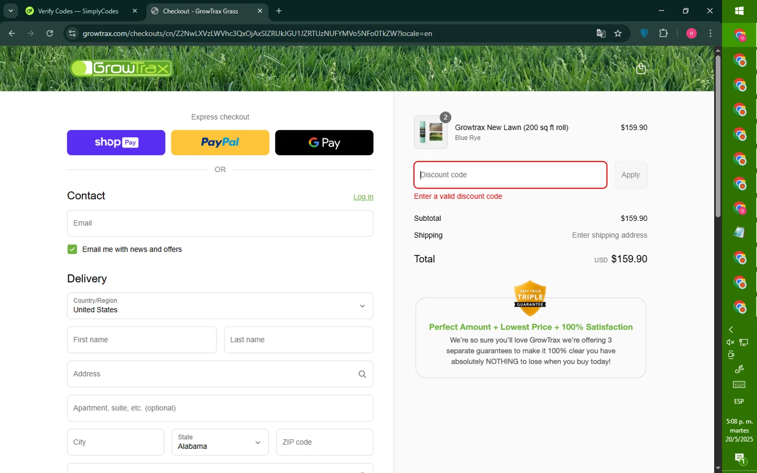 Grotrax promo code screenshot showing code INSTA20 applied at Grotrax checkout page. Uploaded by SimplyCodes community member RebateNavigator926 on May 20, 2025