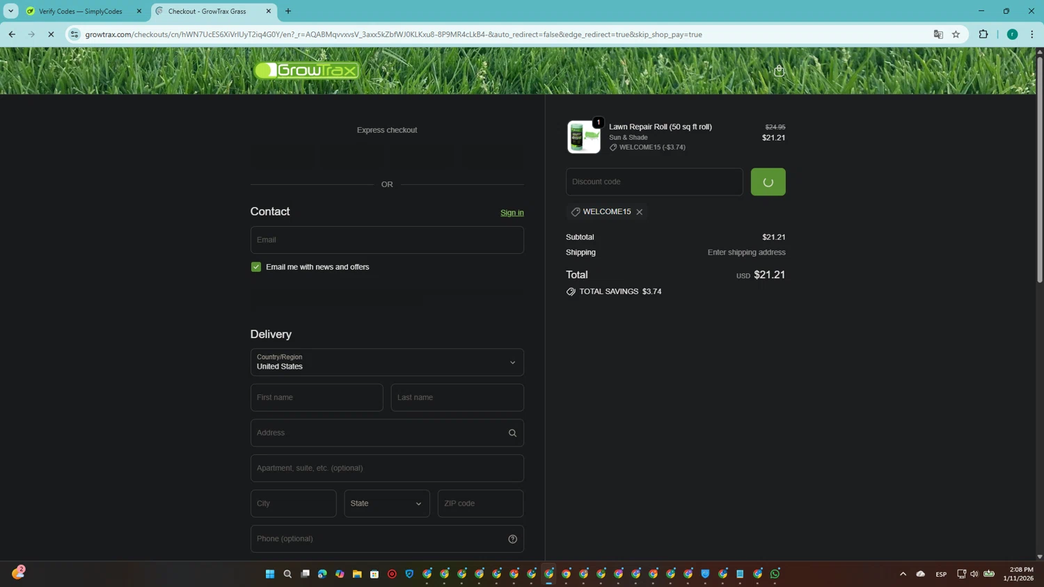 Grotrax promo code screenshot showing code WELCOME15 applied at Grotrax checkout page. Uploaded by SimplyCodes community member SavingsRanger5017 on Jan 11, 2026