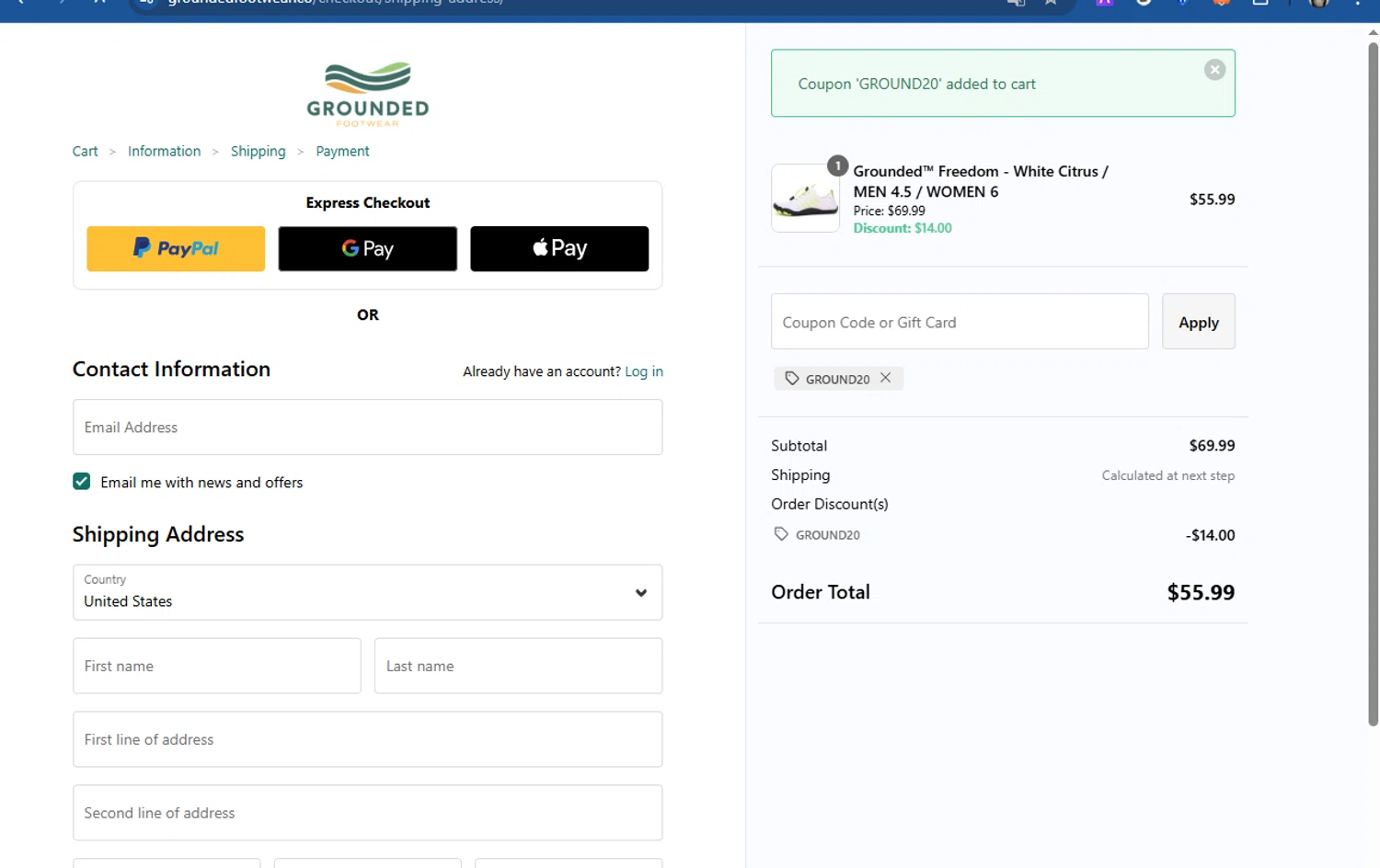 Grounded Footwear promo code screenshot showing code GROUND20 applied at Grounded Footwear checkout page. Uploaded by SimplyCodes community member Acidwire on Sep 22, 2025