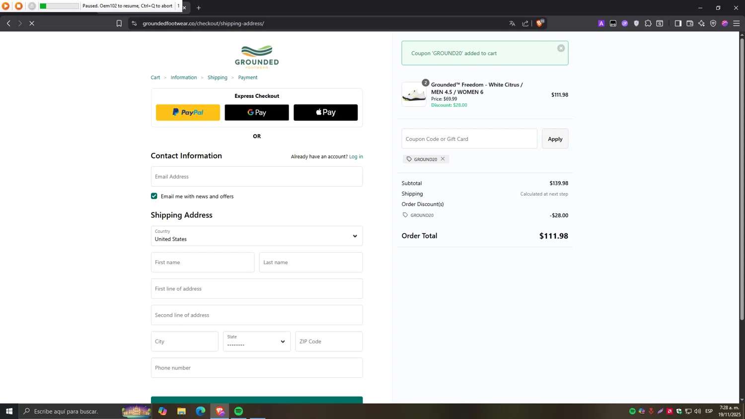 Grounded Footwear promo code screenshot showing code GROUND20 applied at Grounded Footwear checkout page. Uploaded by SimplyCodes community member Tragedy on Nov 19, 2025