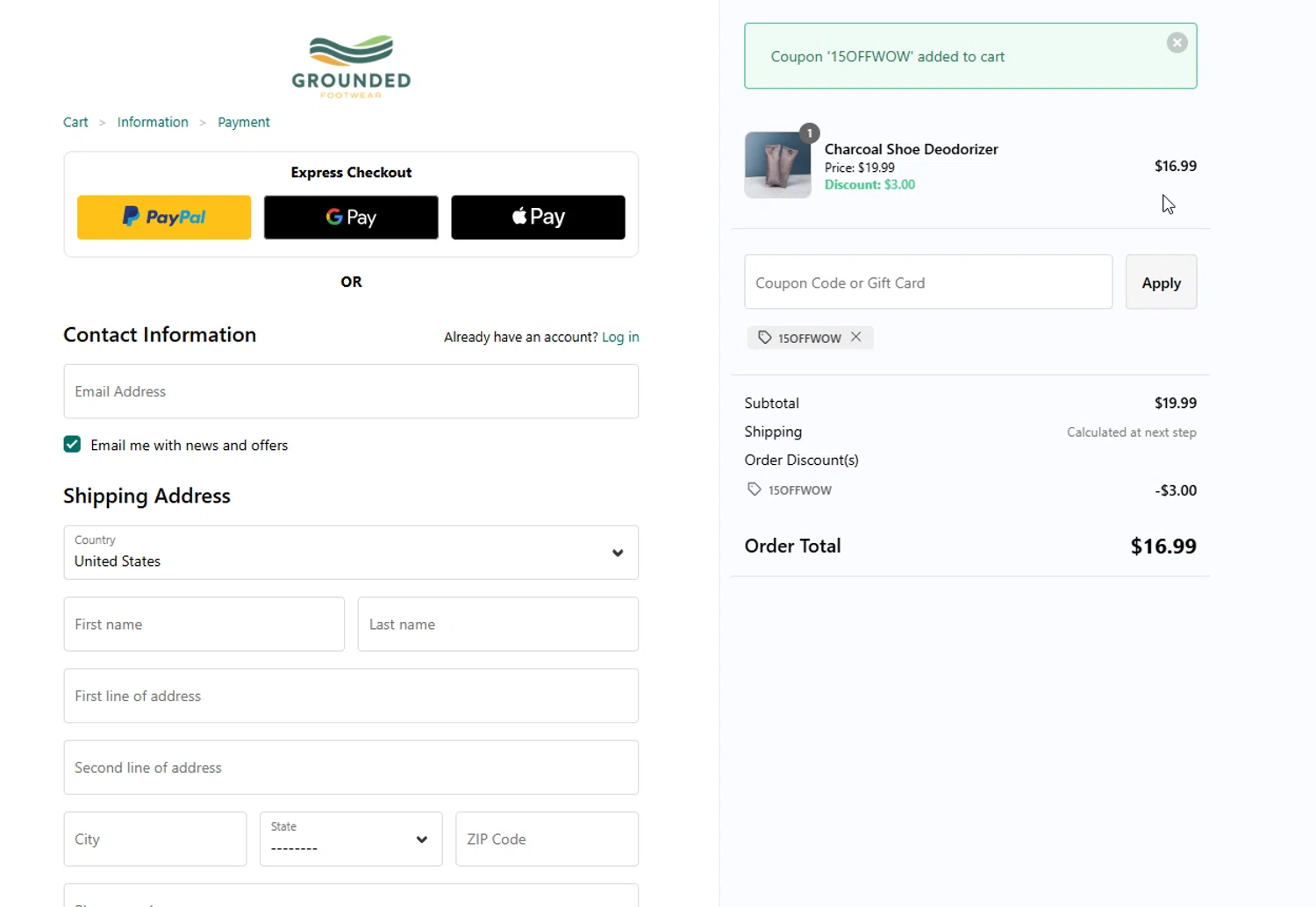 Grounded Footwear promo code screenshot showing code 15OFFWOW applied at Grounded Footwear checkout page. Uploaded by SimplyCodes community member FelixelGato on Sep 1, 2025