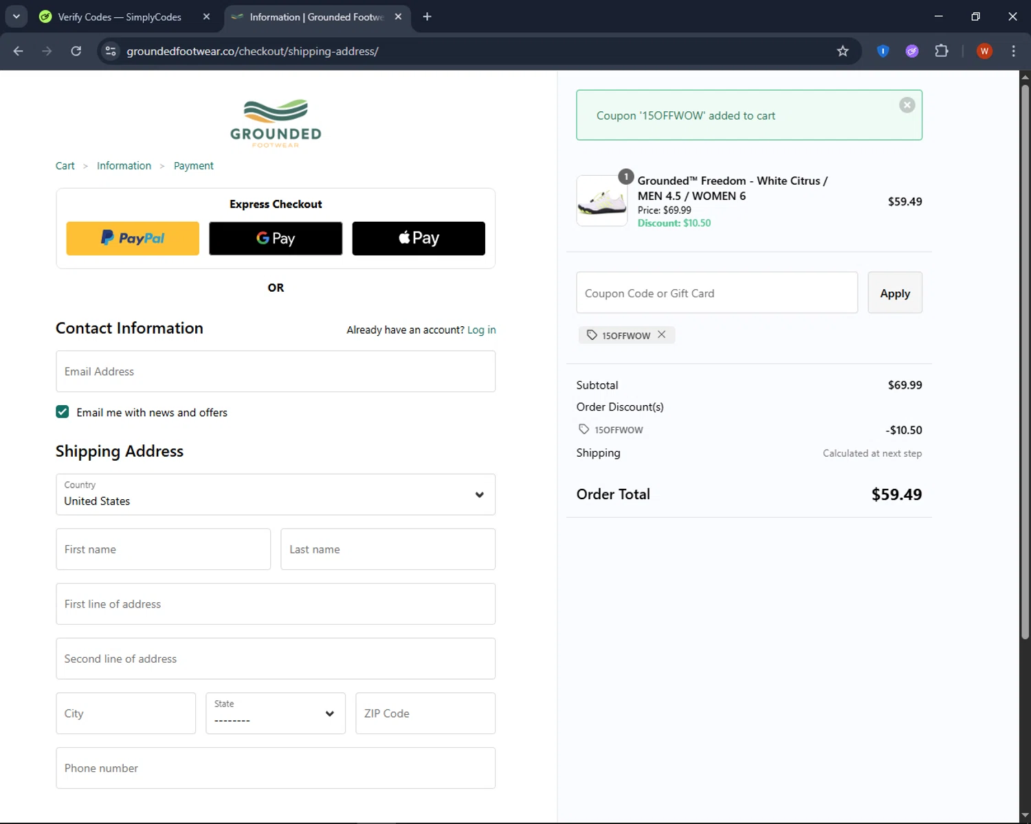 Grounded Footwear promo code screenshot showing code 15OFFWOW applied at Grounded Footwear checkout page. Uploaded by SimplyCodes community member CashPro9699 on May 8, 2025