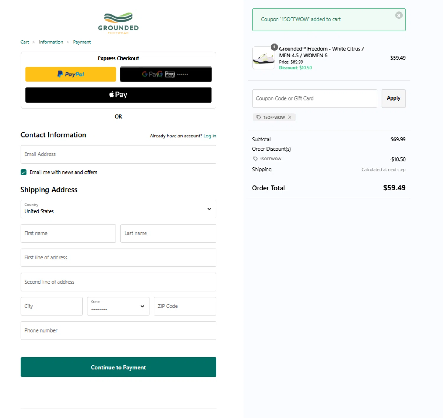 Grounded Footwear promo code screenshot showing code 15OFFWOW applied at Grounded Footwear checkout page. Uploaded by SimplyCodes community member Yonaikeryriarte08 on May 4, 2025