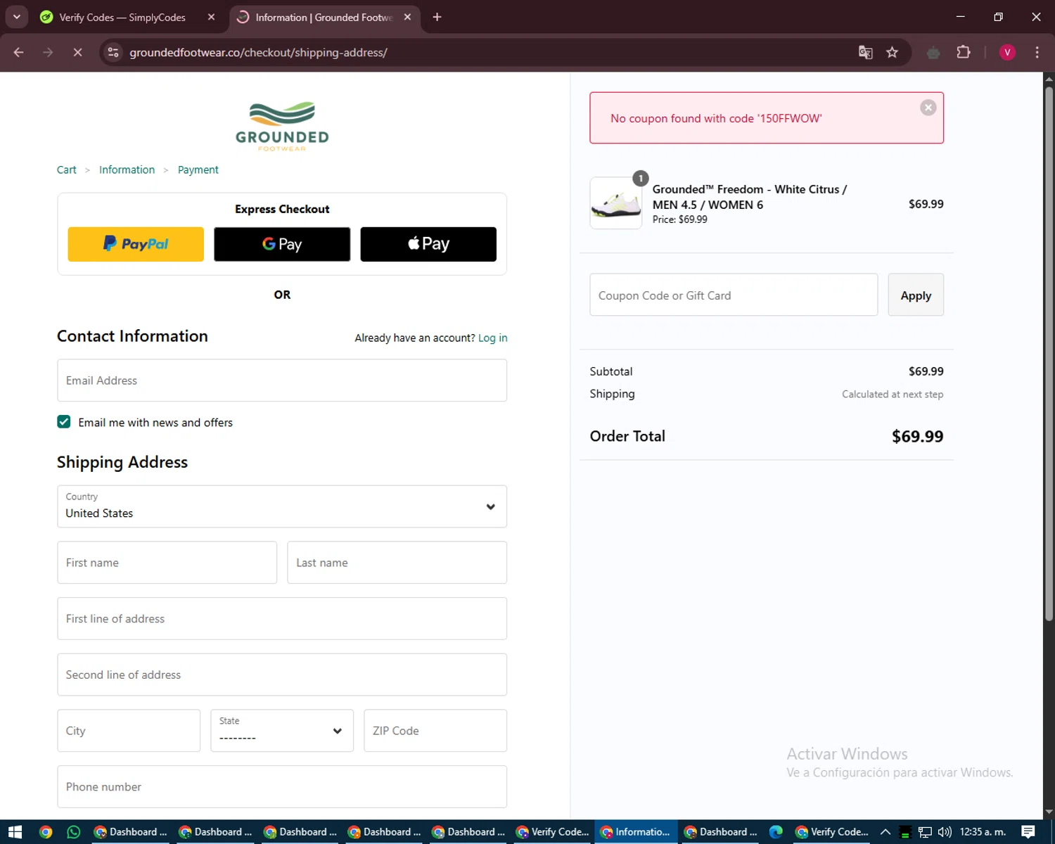 Grounded Footwear promo code screenshot showing code 150FFWOW applied at Grounded Footwear checkout page. Uploaded by SimplyCodes community member ShieldEagle6102 on May 10, 2025