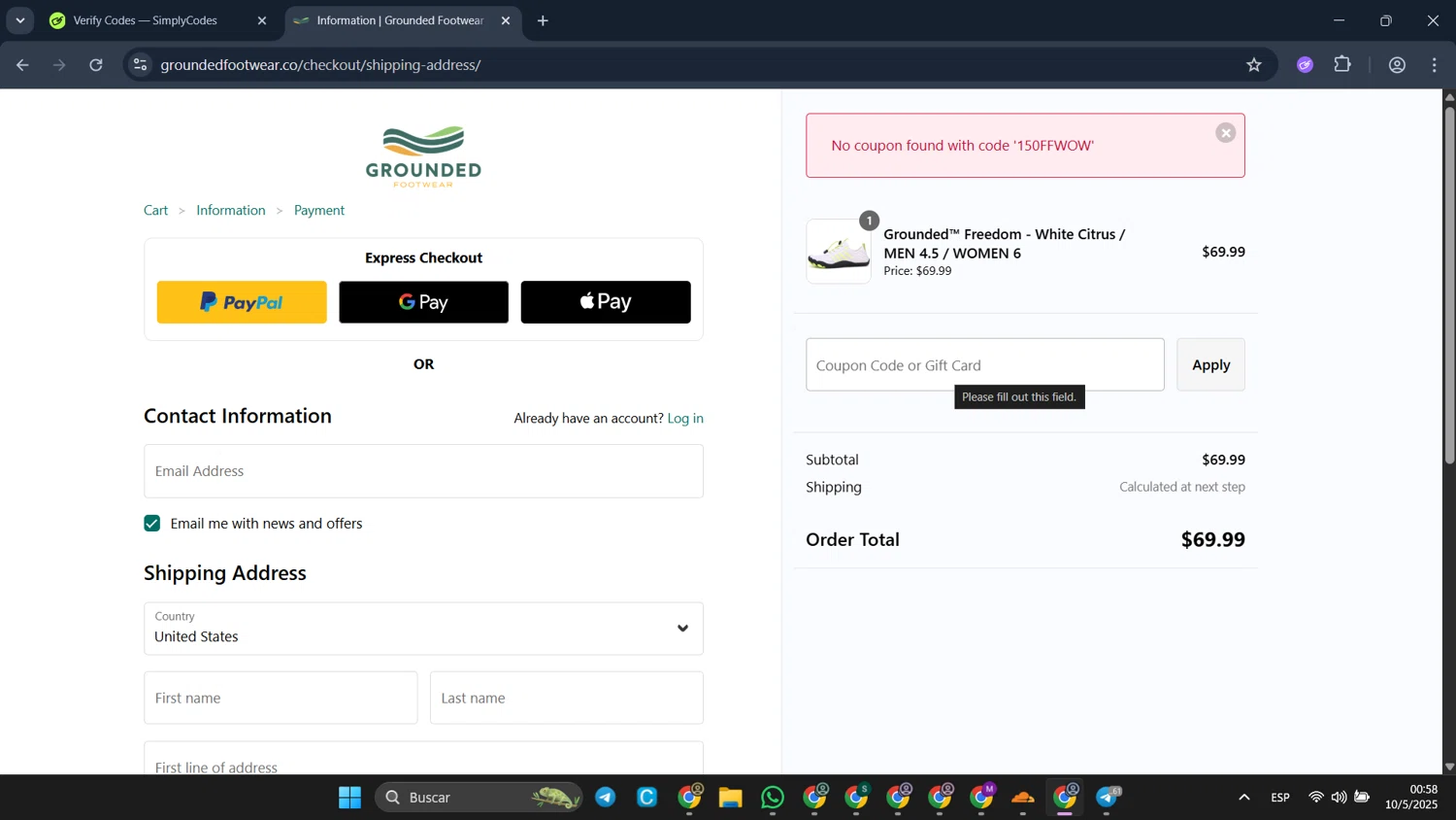 Grounded Footwear promo code screenshot showing code 150FFWOW applied at Grounded Footwear checkout page. Uploaded by SimplyCodes community member CleverFalcon6244 on May 10, 2025
