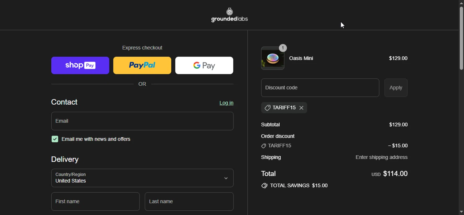 Grounded Labs discount code screenshot showing code TARIFF15 applied at Grounded Labs checkout page. Uploaded by SimplyCodes community member LuckyPioneer1027 on Aug 5, 2025