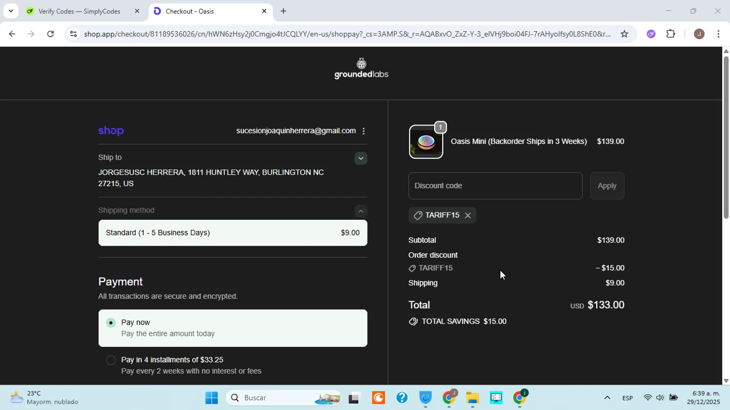 Grounded Labs discount code screenshot showing code TARIFF15 applied at Grounded Labs checkout page. Uploaded by SimplyCodes community member jorgejavierherrera on Dec 29, 2025