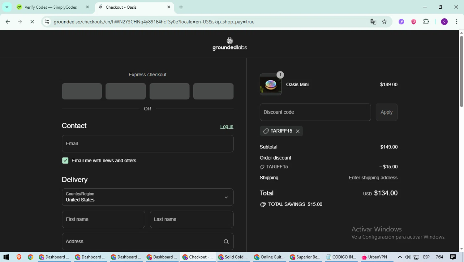 Grounded Labs discount code screenshot showing code TARIFF15 applied at Grounded Labs checkout page. Uploaded by SimplyCodes community member suieeloves on Sep 3, 2025