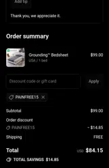 PAINFREE15 coupon verification screenshot