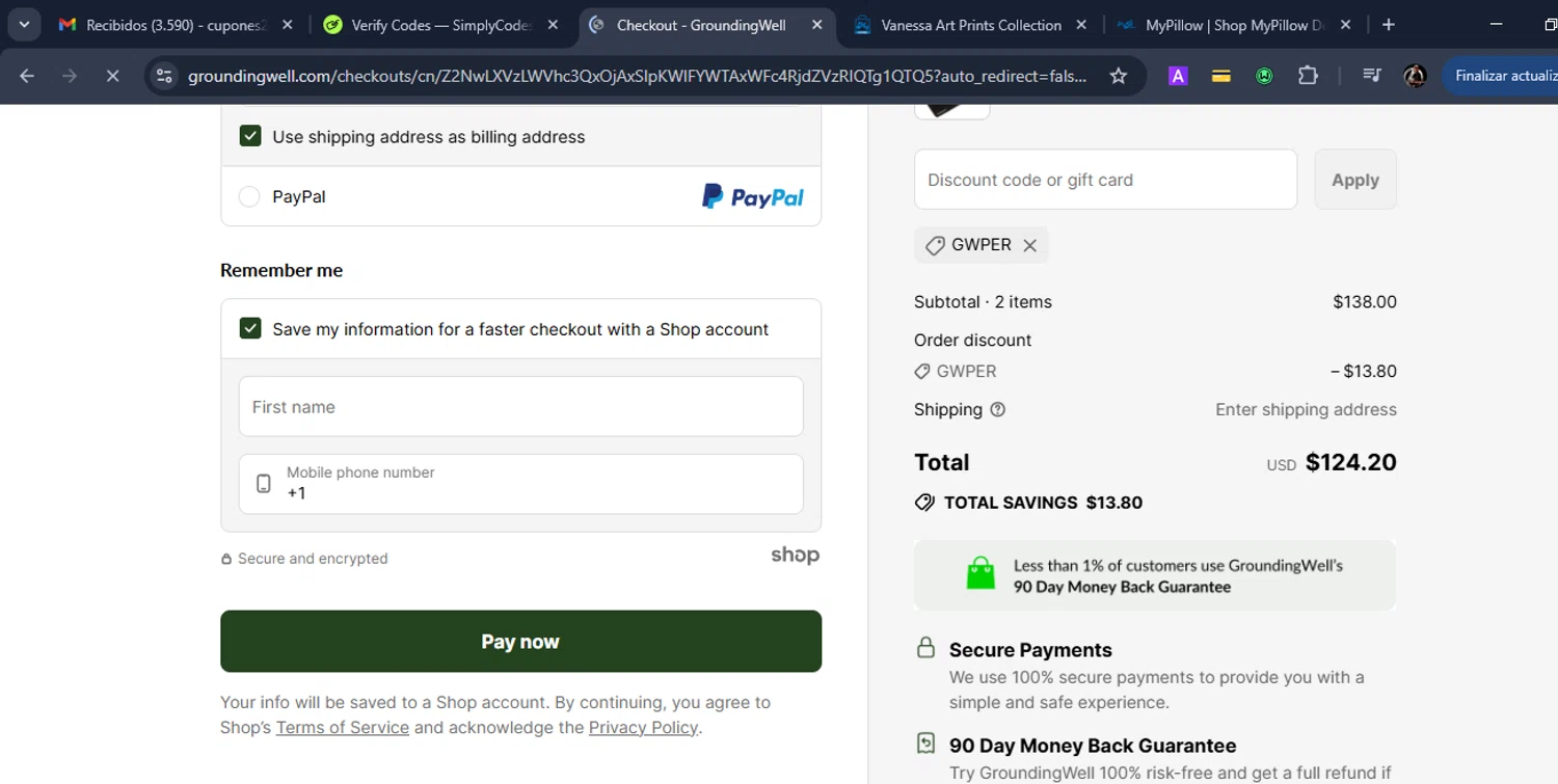 GroundingWell discount code screenshot showing code GWPER applied at GroundingWell checkout page. Uploaded by SimplyCodes community member Eduard on Jul 7, 2025