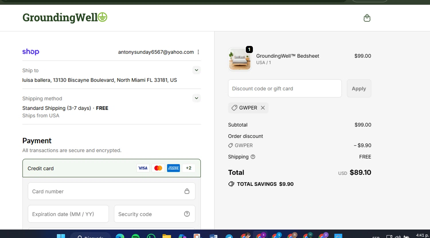 GroundingWell discount code screenshot showing code GWPER applied at GroundingWell checkout page. Uploaded by SimplyCodes community member Lamadama on Sep 18, 2025