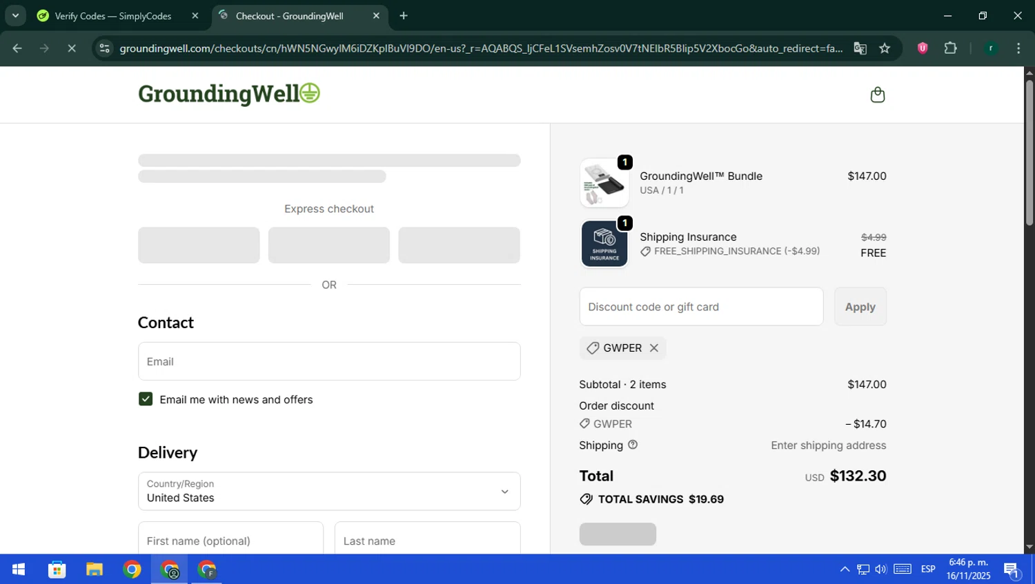 GroundingWell discount code screenshot showing code GWPER applied at GroundingWell checkout page. Uploaded by SimplyCodes community member rodri1 on Nov 16, 2025