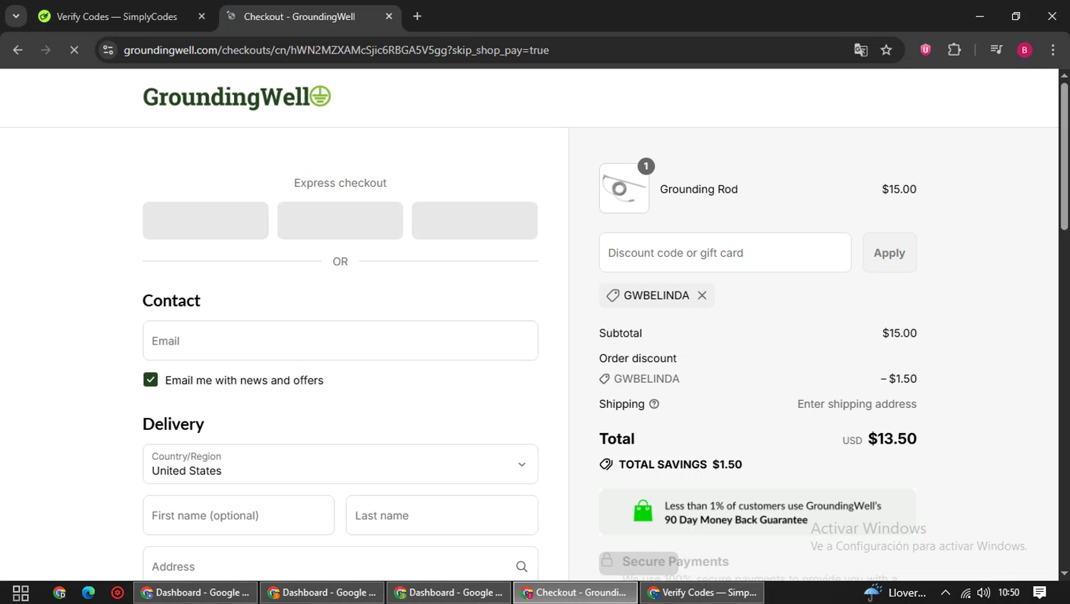 GroundingWell discount code screenshot showing code GWBELINDA applied at GroundingWell checkout page. Uploaded by SimplyCodes community member SwiftSage1747 on Aug 29, 2025