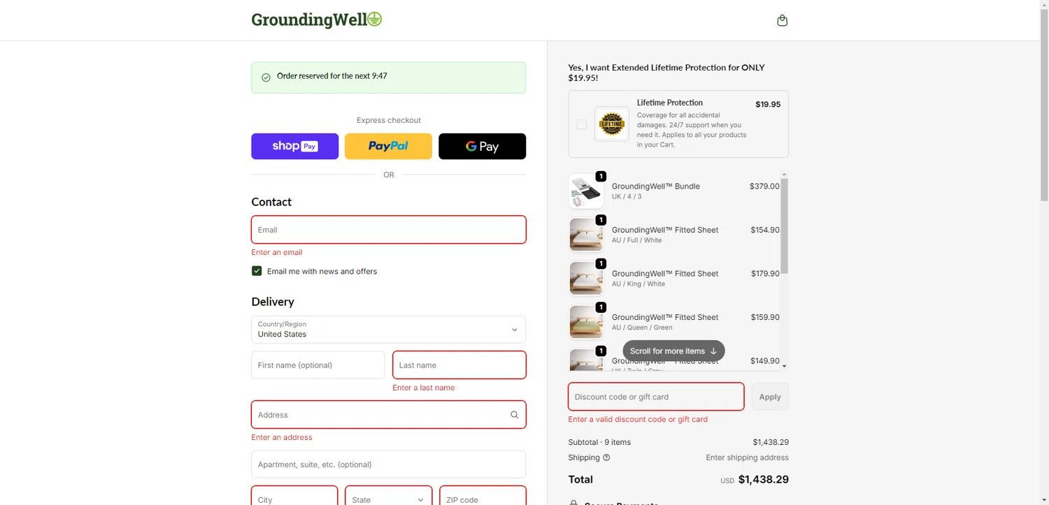 GroundingWell discount code screenshot showing code GWBELINDA applied at GroundingWell checkout page. Uploaded by SimplyCodes community member ValiantAce1810 on Jan 9, 2026