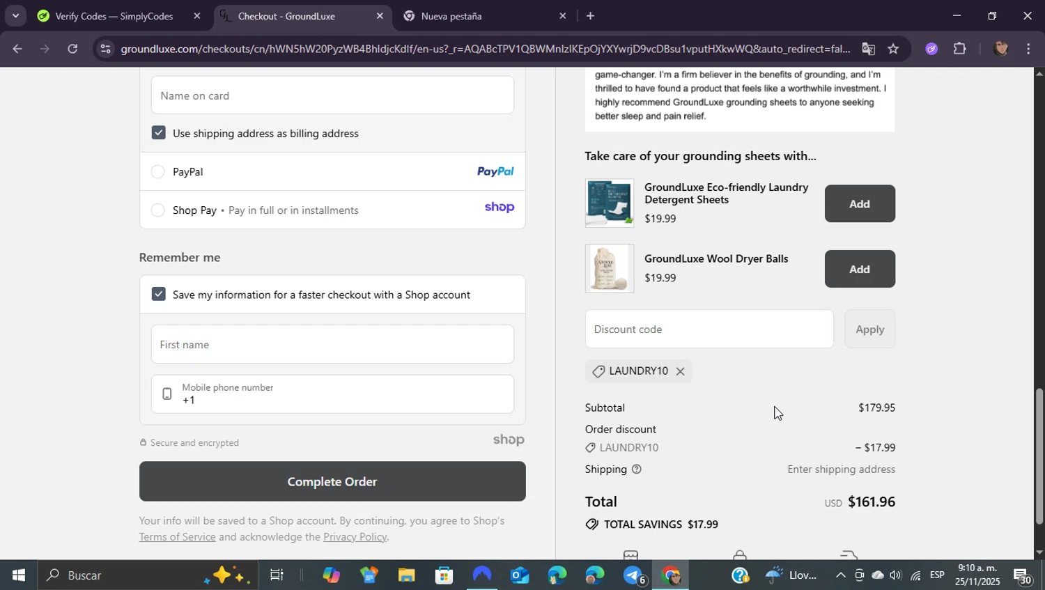 GroundLuxe discount code screenshot showing code LAUNDRY10 applied at GroundLuxe checkout page. Uploaded by SimplyCodes community member ShieldEagle9436 on Nov 25, 2025