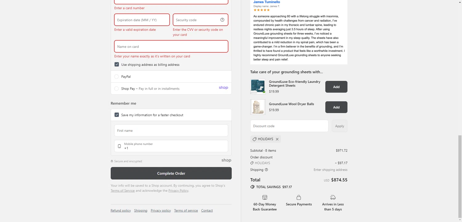 GroundLuxe discount code screenshot showing code HOLIDAYS applied at GroundLuxe checkout page. Uploaded by SimplyCodes community member CashSentinel5495 on Dec 16, 2025