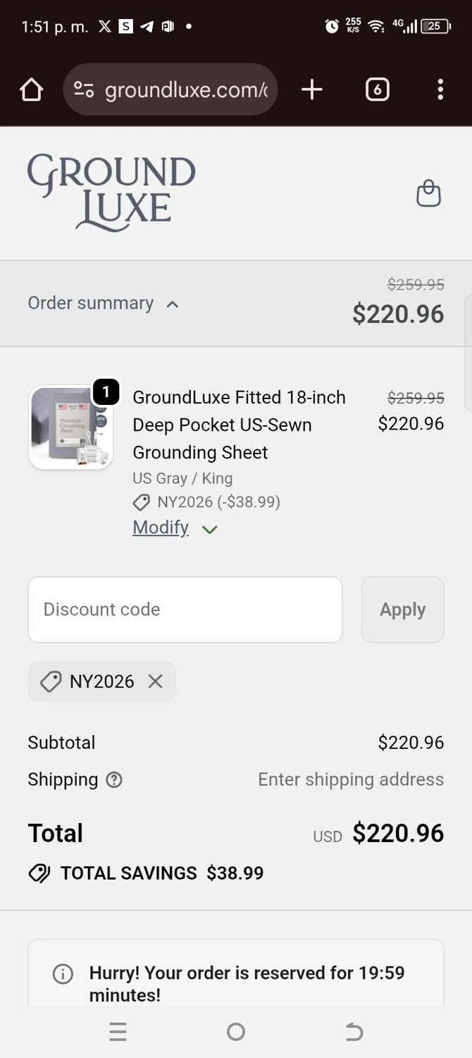GroundLuxe discount code screenshot showing code Ny2026 applied at GroundLuxe checkout page. Uploaded by SimplyCodes community member kellymoreno on Jan 7, 2026