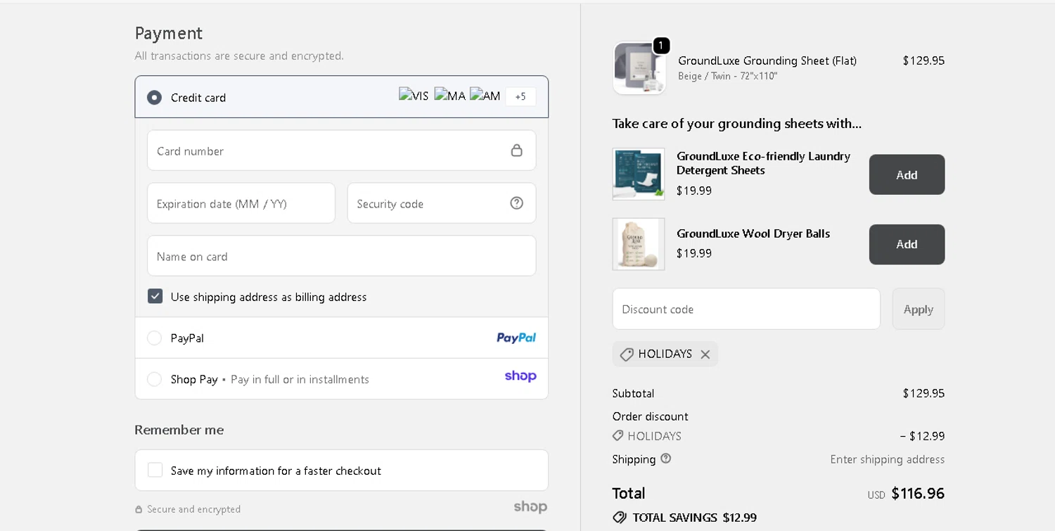 GroundLuxe discount code screenshot showing code HOLIDAYS applied at GroundLuxe checkout page. Uploaded by SimplyCodes community member shark12 on Dec 16, 2025