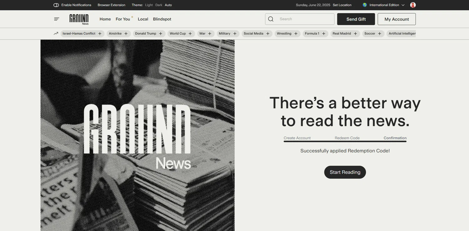 Ground News promo code screenshot showing code MIDTERMS22 applied at Ground News checkout page. Uploaded by SimplyCodes community member SuperUltraInstinto on Jun 23, 2025