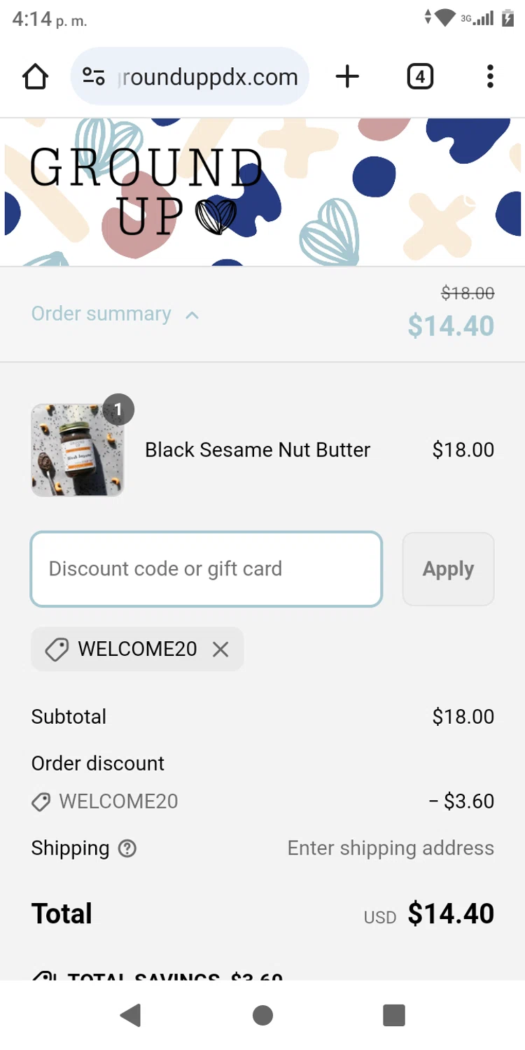 Ground Up discount code screenshot showing code WELCOME20 applied at Ground Up checkout page. Uploaded by SimplyCodes community member franksanchez on Mar 31, 2025